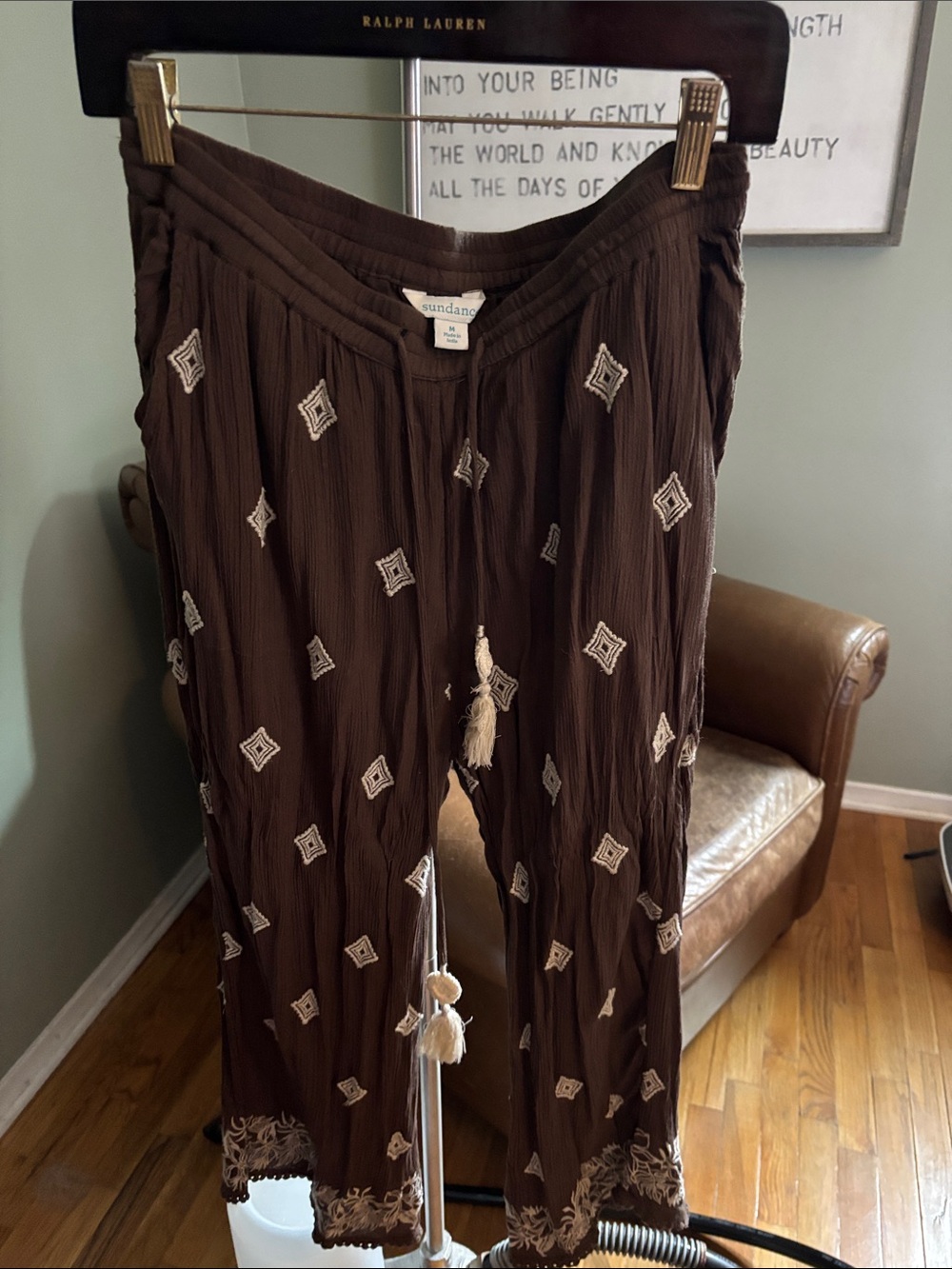 Sundance Brown Wide-Leg Embroidered Tassel Pants